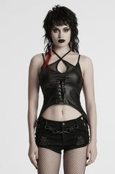 Schwarze ärmellose Haltertop-Weste mit Schnürung und unregelmäßigem Ausschnitt im Punk-Stil für Damen